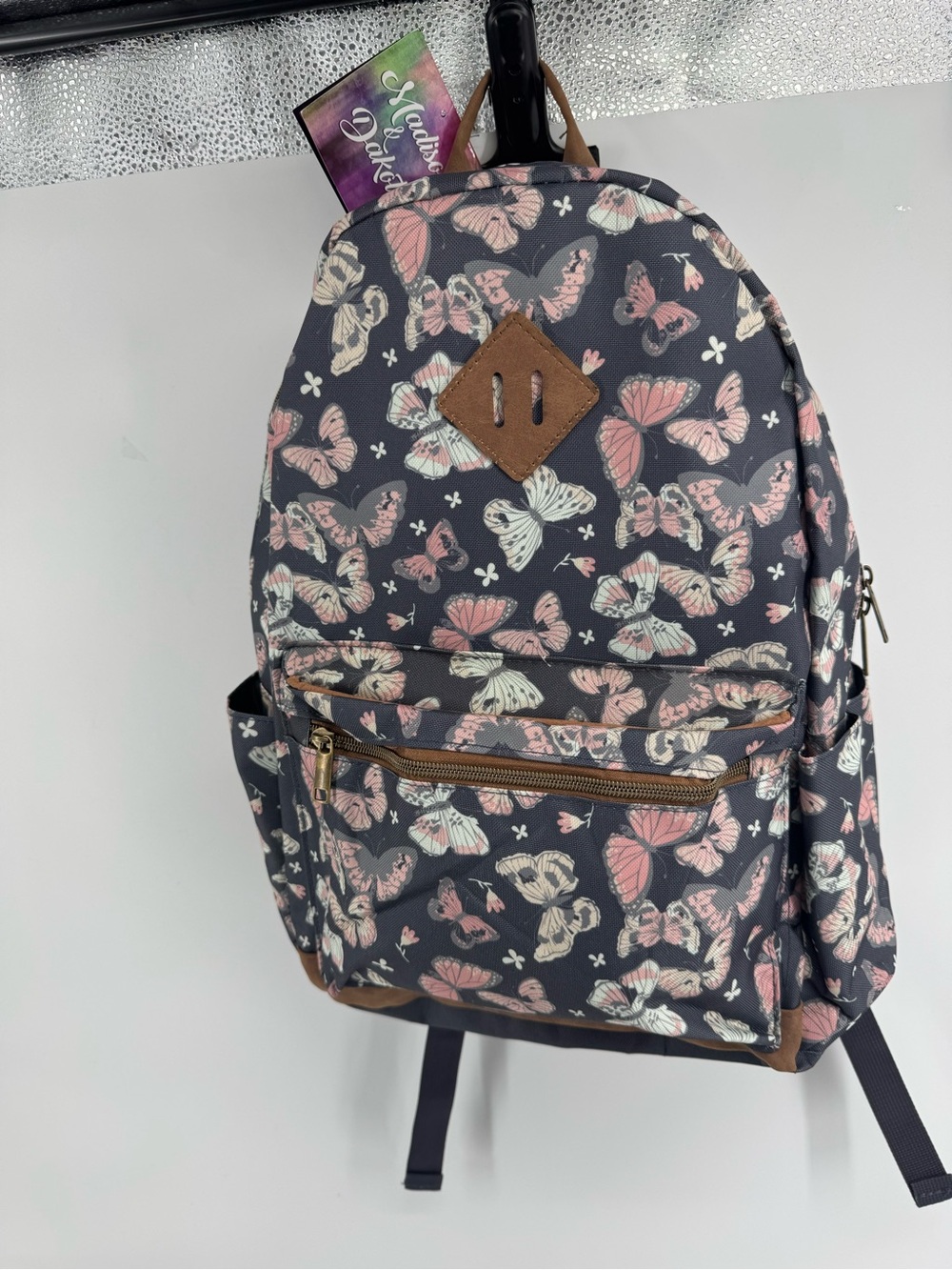 Madison & Dakota Butterfly Print Women's Backpack - Pink on Gray